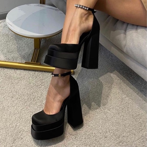 Anthropologie Shoes - Satin high platform ankle strap heels Versace like 38/8